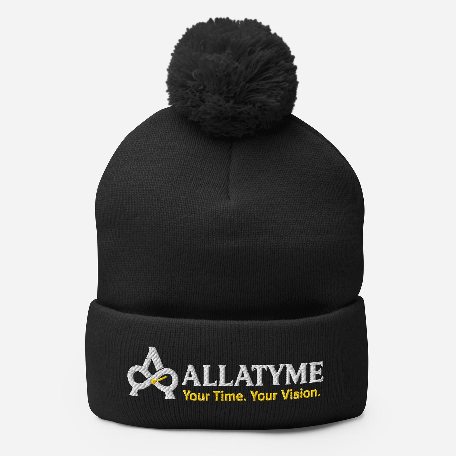 Allatyme: Your Time. Your Vision. – Pom-Pom Beanie – White & Yellow - Image 2