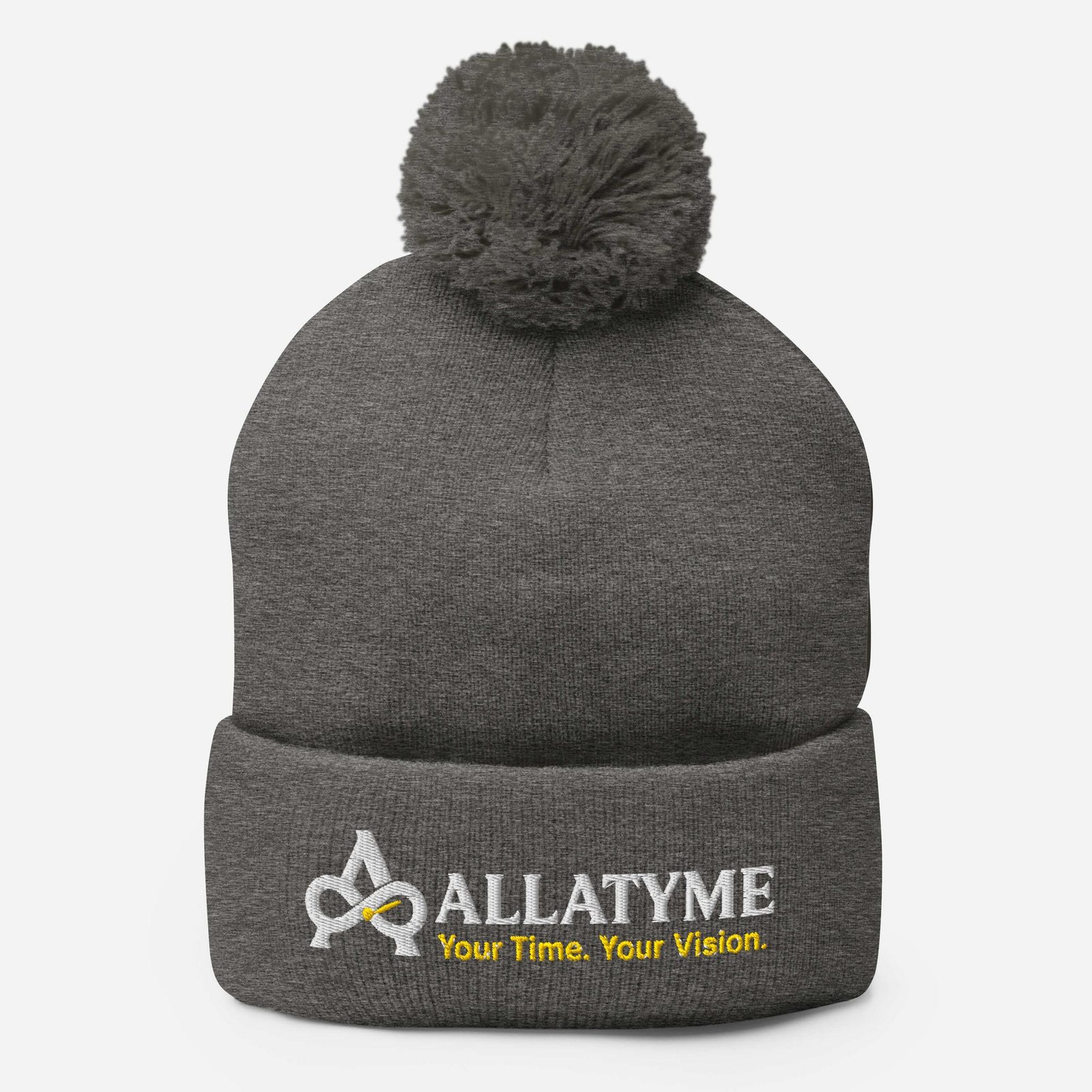 Allatyme: Your Time. Your Vision. – Pom-Pom Beanie – White & Yellow - Image 4