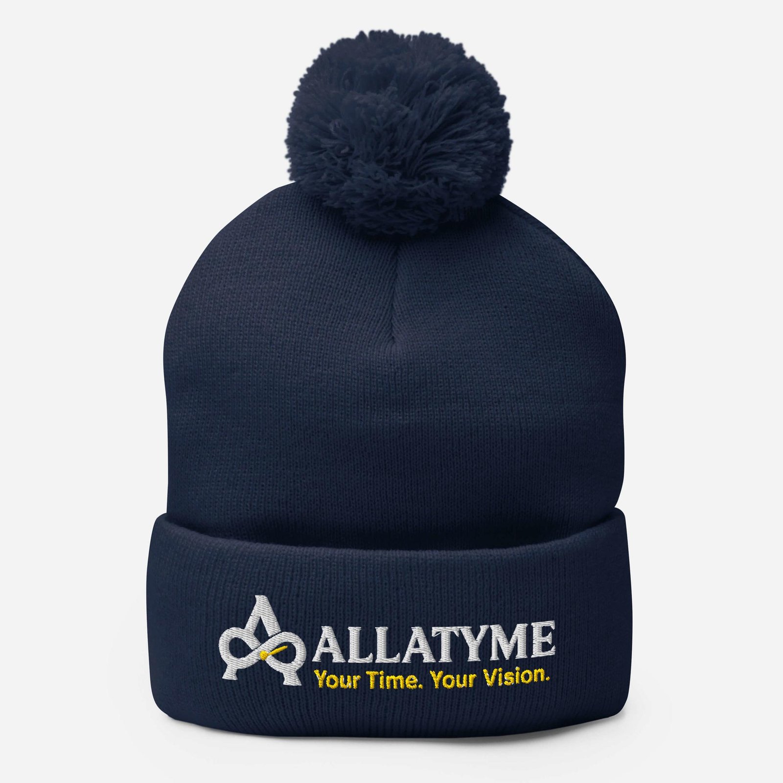 Allatyme: Your Time. Your Vision. – Pom-Pom Beanie – White & Yellow
