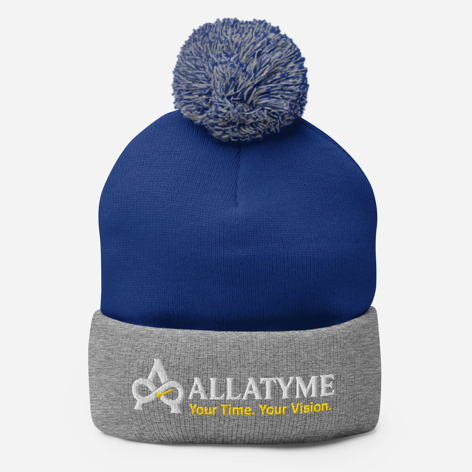 Allatyme: Your Time. Your Vision. – Pom-Pom Beanie – White & Yellow - Image 3