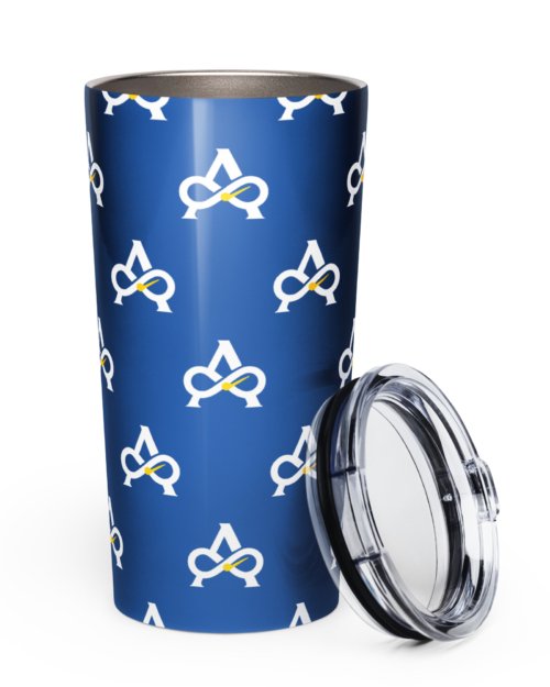 Allatyme: Infinity A – Tapered stainless steel tumbler – Royal, White & Yellow