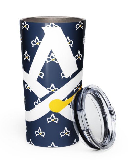 Allatyme: Infinity A – Tapered stainless steel tumbler – Navy, White & Yellow (Pattern)