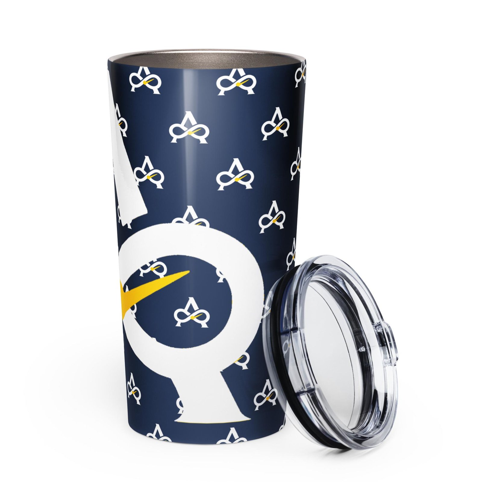 Allatyme: Infinity A – Tapered stainless steel tumbler – Navy, White & Yellow (Pattern) - Image 3
