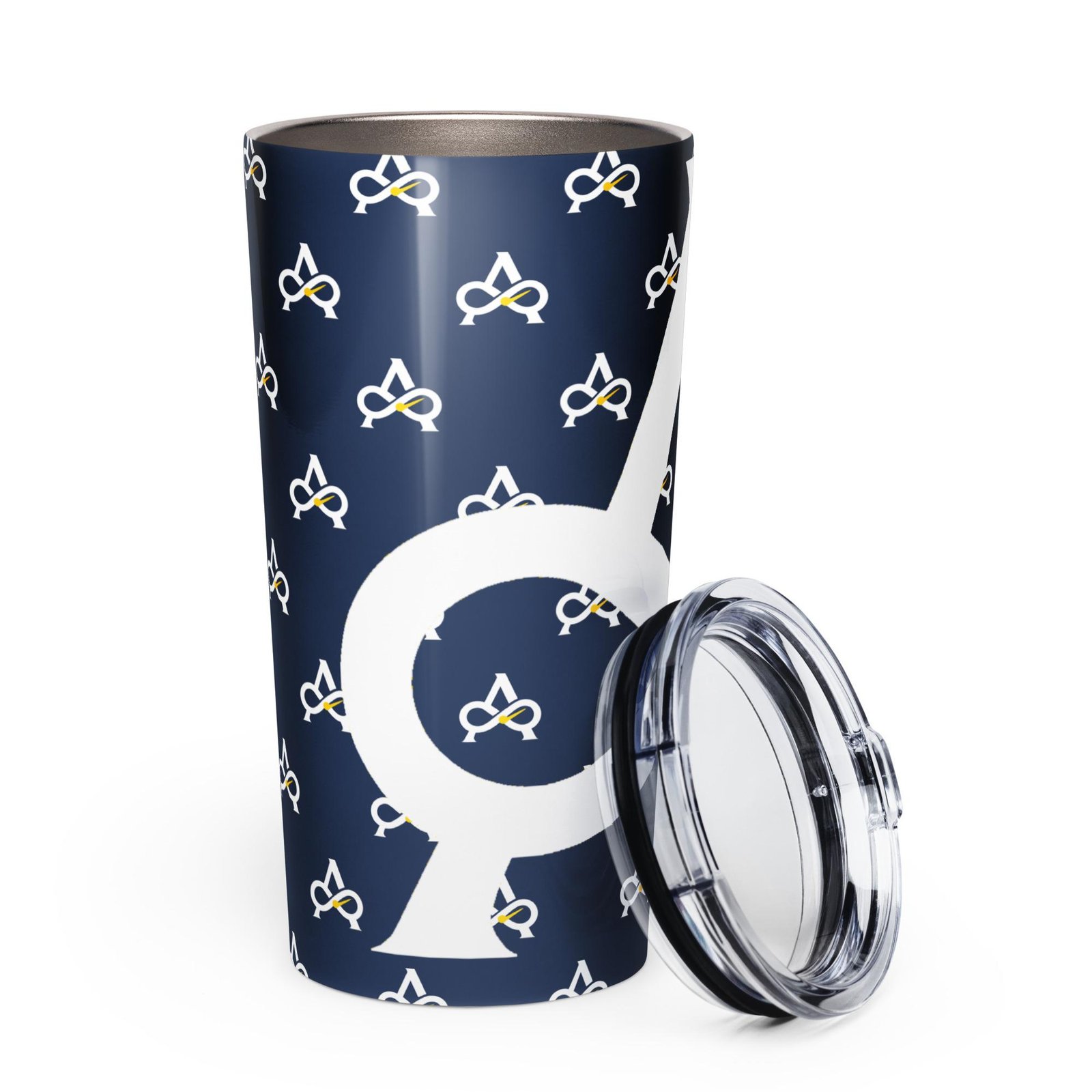 Allatyme: Infinity A – Tapered stainless steel tumbler – Navy, White & Yellow (Pattern) - Image 4